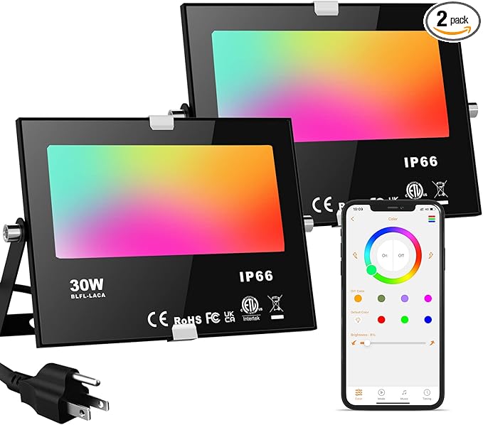 LED Flood Lights RGB Color Changing 300W Equivalent Outdoor, 30W Bluetooth Smart RGB Floodlight APP Control, IP66 Waterproof, Timing, 2700K&16 Million Colors 23 Modes for Garden Stage Lighting 2 Pack