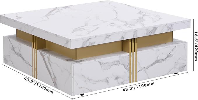 Merax Coffee Table, Modern Square Coffee Table with 4 Drawers, Contemporary Luxury Center Table Cocktail Table with Gold Accents for Living Room, 43.3" Lx 43.3" W (White)