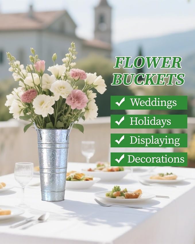 12 Inch Galvanized Flower Buckets - 8 PCS Galvanized Metal Vases for Flowers Tin Flower Holders for Home Decor Wedding Centerpieces Indoor Outdoor Use