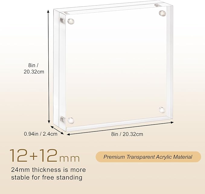AMEITECH Acrylic Picture Frame 8x8-2 Pack, Clear Double Sided Frameless Photo Frame with Magnetic, Free Standing Desktop Acrylic Frame Display, Lucite Frame with Gift Box Package, 12+12mm Thickness
