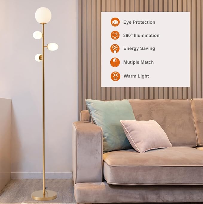 Fiqevs 4 Globe Mid Century Floor Lamp with LED Bulbs & Frosted Glass Lampshade, Modern Gold Tree Standing Lamp, Vintage Torchiere Tall Lamp for Living Room, Bedroom & Office
