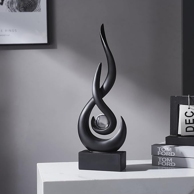 FJS Black Decor Modern Flame Statue Home Decorations for Living Room, 13.7" H Resin Sculptures Home Décor Accents, Abstract Art Sculpture for Dining Room Office Coffee Table Centerpiece