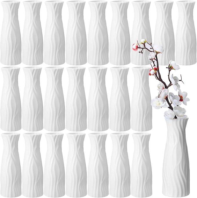 24 Pcs Composite Plastic Flower Vase Ceramic Look Decorative White Unbreakable Plastic Vases for Flower Centerpieces for Living Room Table Home Decor(Classic Style)