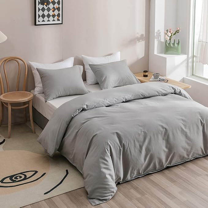 Pureant Silver Grey Comforter Set Queen Light Gray Bedding Comforter Sets Cotton for Women Men Solid Color Queen Comforter Soft Elegant Grey Queen Size Comforter Sets Breathable All Grey Blanket