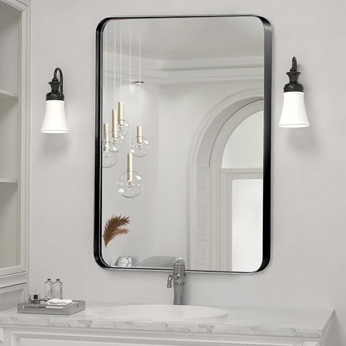 24x36 Inch Black Bathroom Mirror, Brushed Metal Framed Rectangle Mirror with Rounded Corner, Black Bathroom Vanity Mirror for Bedroom or Living Room, Horizontal/Vertical