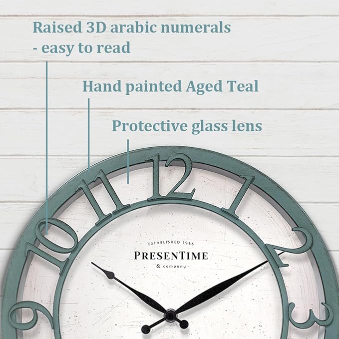 Presentime & Co 13" Farmhouse Series Wall Clock, Shiplap Style, Silent No Ticking, Coastal Clock, Raised 3D Arabic Numeral, Aged Teal Finish