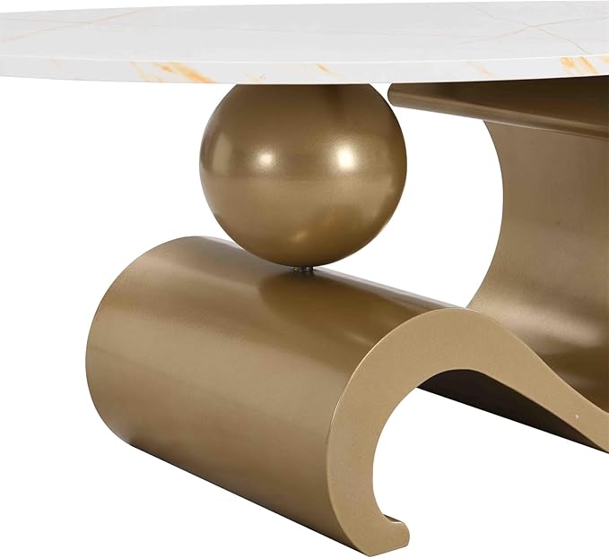 2 Piece Living Room Set, Modern Nest Coffee Table Set of 2, Faux Marble Tabletop Oval Coffee and End Table Set with Gold Iron Geometric Base