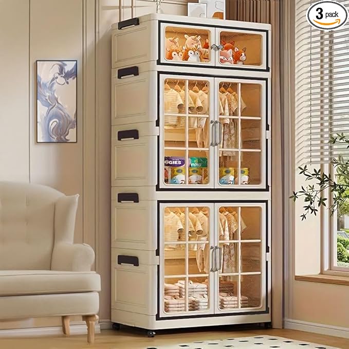 SunSettler Plastic Storage Bins with Lid, Stackable Containers with Wheels, Folding Storage Cabinets, Stackable Closet Organizers (1+2 Transparent Plus)