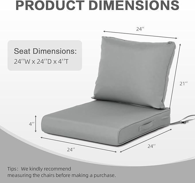 BPS 24x24 Inch Deep Seat Outdoor Cushions Set of 2, Gray Fade-Resistant and Water-Resistant Patio Chair Cushions for Wicker Chairs, Sofas, Love Seats