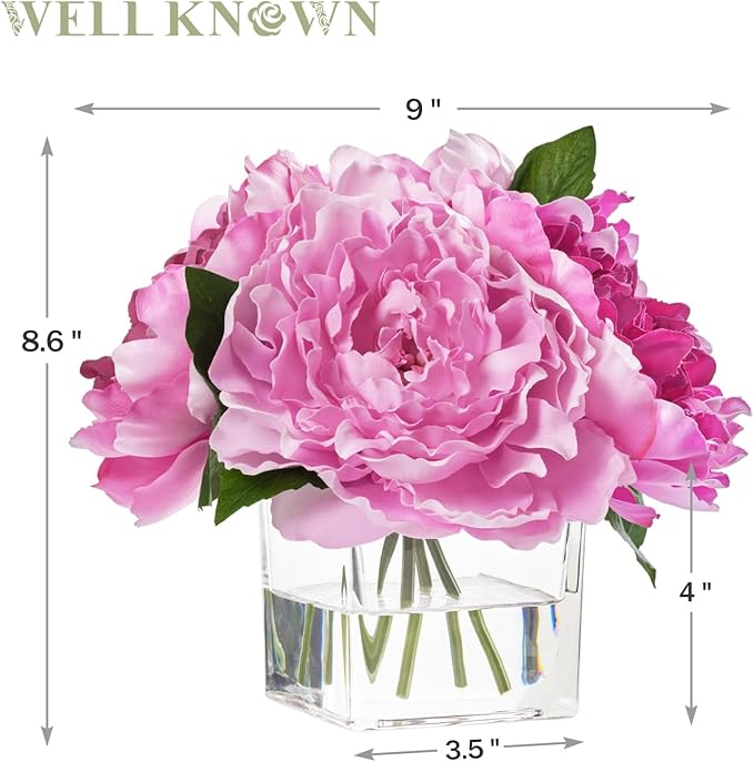Artificial Peonies Flowers Arrangements in Cube Glass Vase, WELLKNOWN Silk Flower Centerpieces for Dining Room Table, Coffee Table Decor, Faux Peony Flowers with Faux Water (Bicolor Purple)