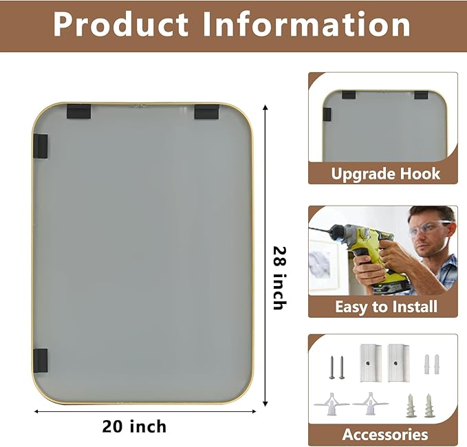 Brushed Gold Mirror, 20"x28" Rectangle Bathroom Mirror, Metal Frame Rectangle Corner Vanity Mirror, Wall Mounted Mirror for Modern, Living Room, Bedroom, Horizontal Or Vertical