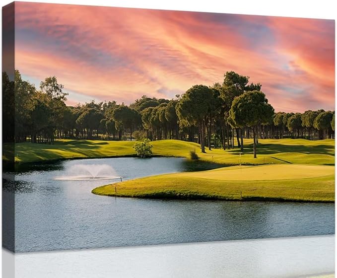 Sunset Golf Course Wall Art for Living Room Bedroom Bathroom Home Decorations Golf Course Picture Poster Print on Canvas Modern Artwork Framed Ready to Hang(12''H x 16''W)