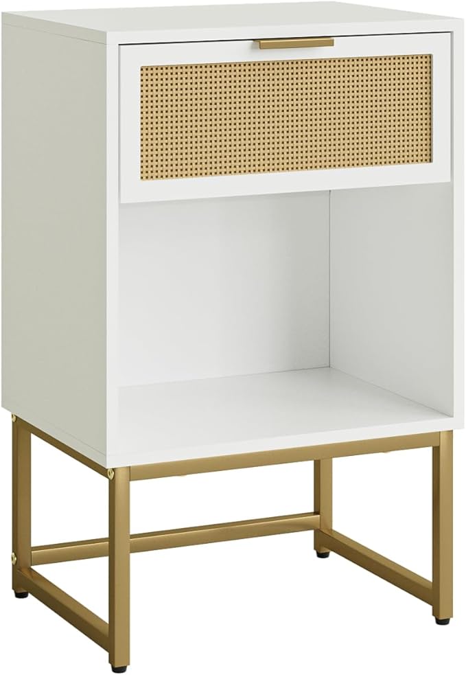 Masupu Rattan Nightstand,Modern Night Stand Boho Farmhouse Wood Bedside Table with Storage Drawer Side End Table for Bedroom,Living Room,Office,White