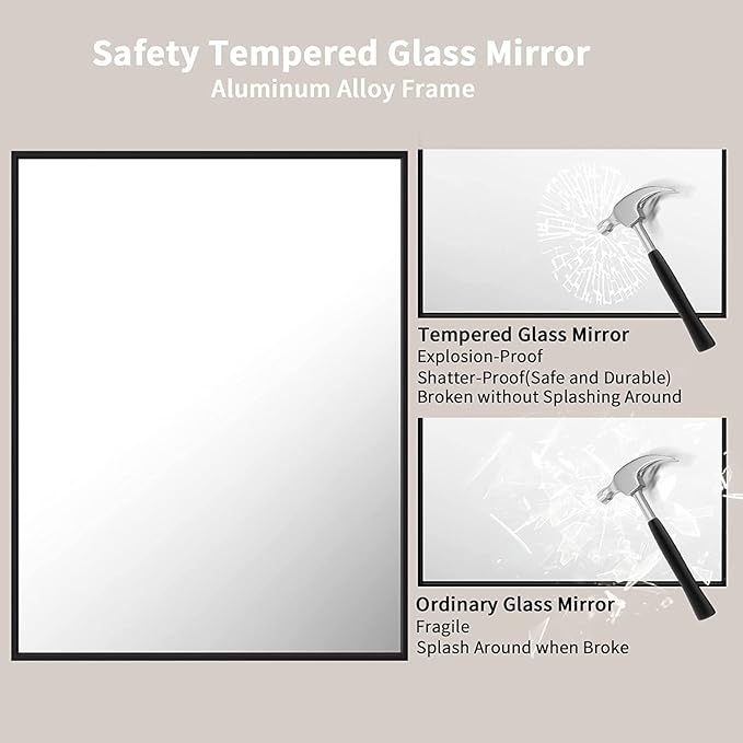 LOAAO 28"X36" Black Rectangle Bathroom Mirror Wall, Matte Black Aluminum Alloy Frame, Tempered Glass, Hangs Vertically or Horizontally, Easy to Install