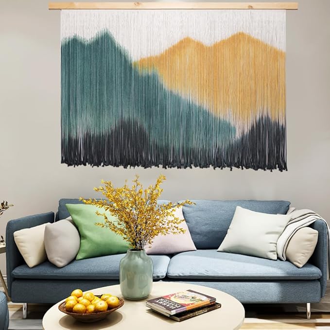 laddawan Extra Large Boho Wall Decor For Bedroom Macrame Wall Hanging Dip-Dyed Tapestry Modern Wooden Home Wall Art For Living room (Yellow)