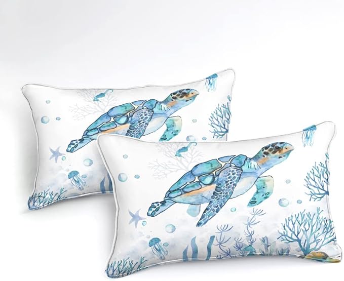 Sea Turtle Comforter Ocean Beach Bedding Twin Size Set Teal Blue Turtle Sea Horse Starfish Ocean Theme Printed Coastal Comforter Set for All Season
