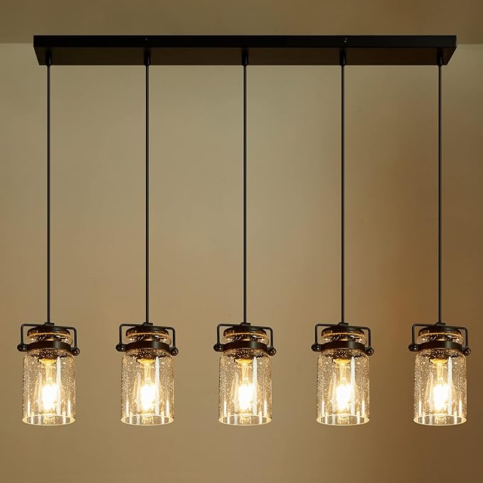 Pendant Light Kitchen Island Lighting, 5-Light Pendant Ceiling Light Fixture, 67.71 inches Hanging with Clear Glass Shade,Farmhouse Chandeliers for Dining Room Bedroom Hallway - Black