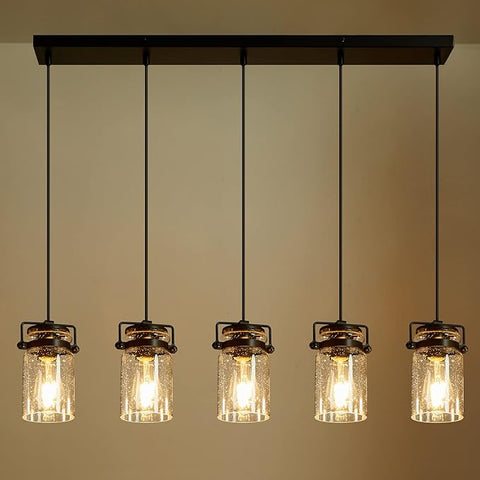 Pendant Light Kitchen Island Lighting, 5-Light Pendant Ceiling Light Fixture, 67.71 inches Hanging with Clear Glass Shade,Farmhouse Chandeliers for Dining Room Bedroom Hallway - Black