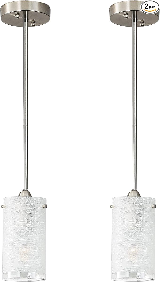 1-Light Mini Pendant Light Fixtures, Modern Chandelier Hanging Ceiling Light with White Frosted Shade, Brushed Nickel Pendant Lighting for Kitchen Bedroom Hallway, Adjustable Height, 2 Pack