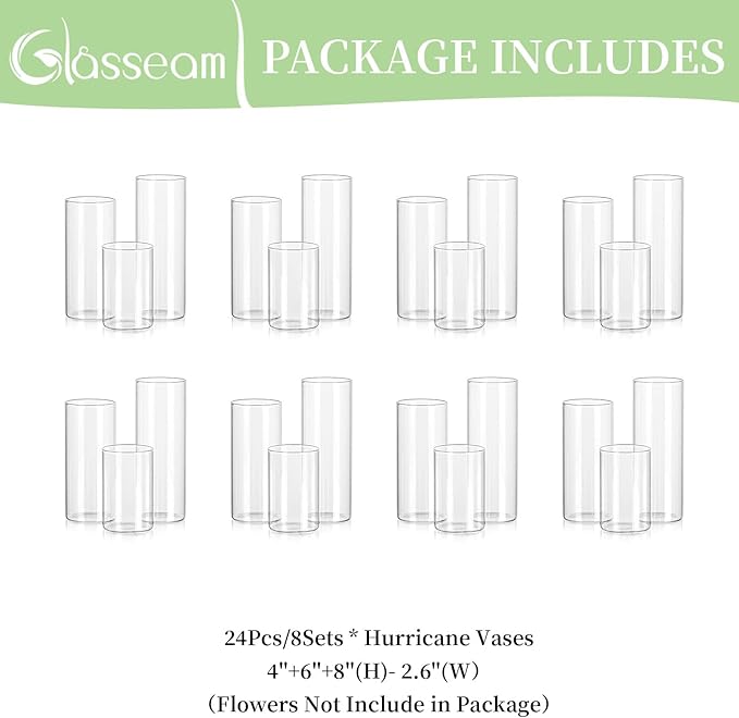 Glasseam Clear Cylinder Vases Set, 24Pcs Glass Vases for Centerpieces Bulk, Modern 2" Floating Candle Centerpieces for Decor, Hurricane Candle Holders for Wedding Table Decorations, Tall 4"+6"+8"