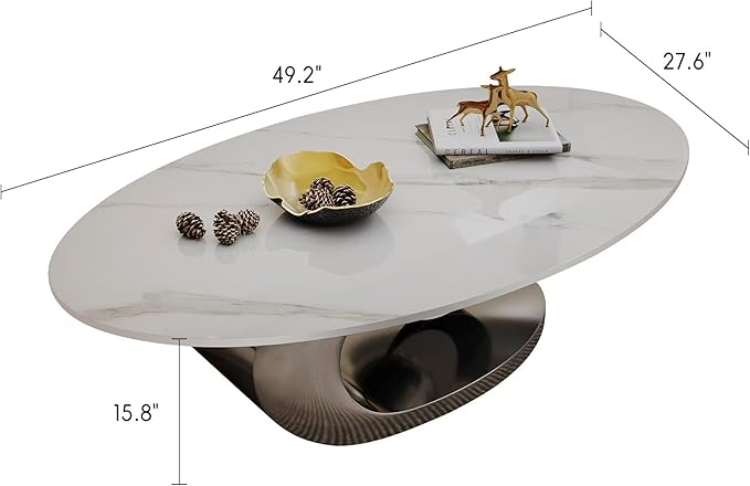 Modern Oval Sintered Stone Coffee Table, 49.2" White and Silver Rectangle Coffee Table with Faux Marble Top & Golden Geometric Stainless Steel Base, Rectangle Tea Center Table for Living Room
