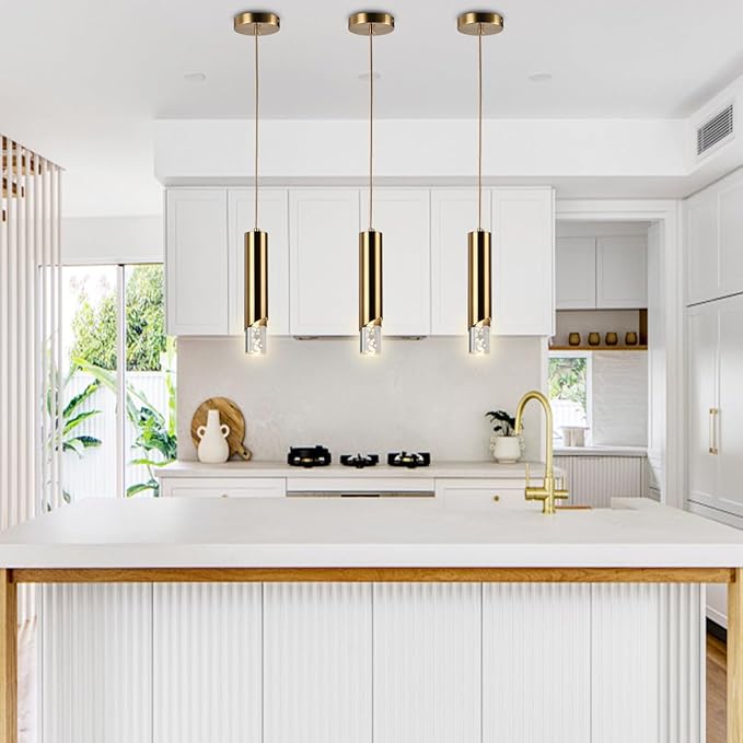 Pendant Lights Kitchen Island, Dimmable Island Cylinder Brass Pendant Light Fixture, 1 Light Bubble Acrylic Small Modern Pendant Lighting for Bedroom Bar, 3000K
