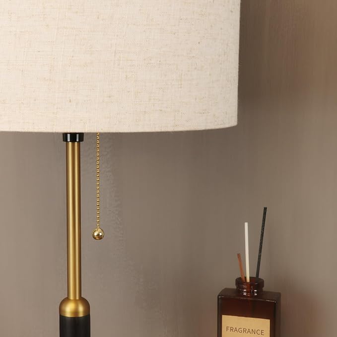 21" Modern Table Lamp Bedside Lamps for Bedroom Living Room Nightstand Lamp for End Tables 3-Color Temperatures Pull Chain Switch Wood Fabric for Home Office Desk Decor (Light Brown+Brass)