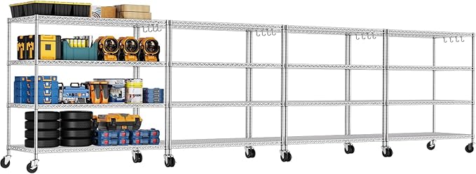 PrimeZone 4 Pack Storage Shelves 55.5"W x 24"D x 76"H 4 Tier with Wheels, Adjustable Wire Shelving Garage Heavy Duty Shelves Unit, Rolling Metal Organizer Shelf Utility Rack Warehouse, Pantry, Chrome