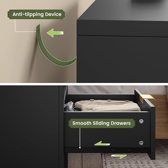 ADORNEVE Tall Fluted Nightstand Set of 2, Side Table with Drawers & Open Shelf, Mid Century Modern Night Stand with Metal Handle, Wooden Bedside End Table for Bedroom,Living Room,Black