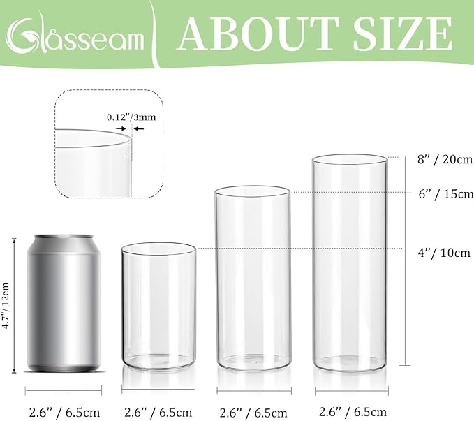 Glasseam Clear Cylinder Vases Set, 24Pcs Glass Vases for Centerpieces Bulk, Modern 2" Floating Candle Centerpieces for Decor, Hurricane Candle Holders for Wedding Table Decorations, Tall 4"+6"+8"