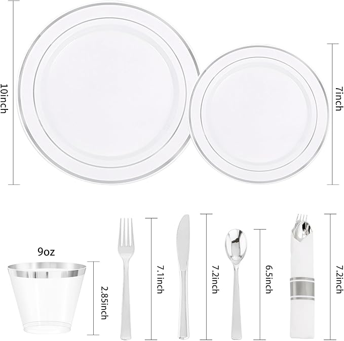 DaYammi 350PCS Silver Plastic Dinnerware Set for 50 Guests, Fancy Disposable Plates for Party, Include: 50 Dinner Plates, 50 Dessert Plates, 50 Pre Rolled Napkins with Silver Silverware, 50 Cups