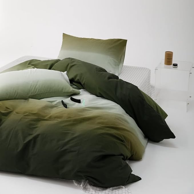 Luxlovery Gradient Army Green Comforter - Twin Size, Cotton Soft Breathable Dark Green Gradient Color Blanket Set