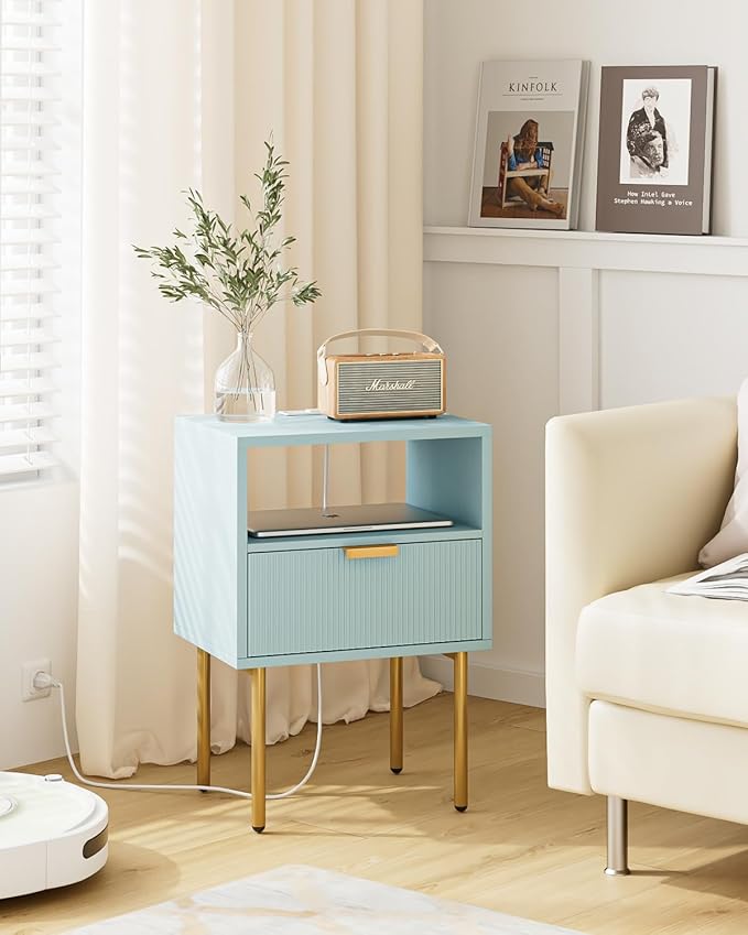 Nightstand,Morden Bedside Table with Gold Frame,Small White Night Stand,End Table,Bedside Furniture,Side Table with Drawer and Shelf for Bedroom,Living Room (1Drawer, Blue-Outlet)