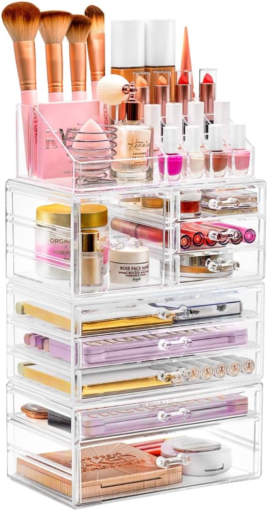 Sorbus Large Clear Makeup Organizer - Detachable 4-Piece Jewelry & Make Up Organizers and Storage Set - Spacious Cosmetic Display Tower - Makeup Organizer for Vanity, Bathroom, Dresser & Countertop