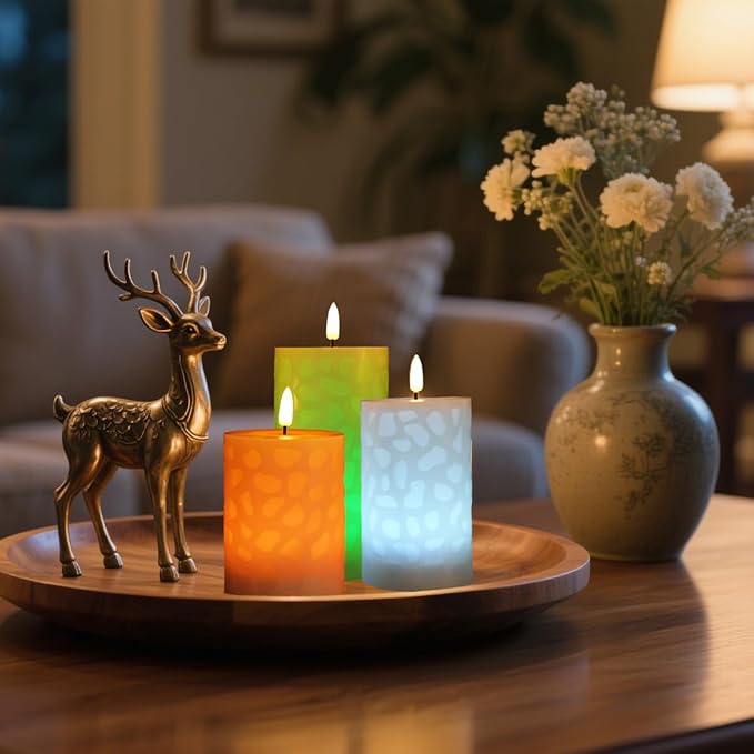 NICEME 3PCS LED Multi Colored Flameless Candles Pillar Battery Operated Flickering 3D Wick Flame Color Changing Candles with Remote Control Carving Real Wax Electric Fake Candles, D3” x H4” 5" 6"