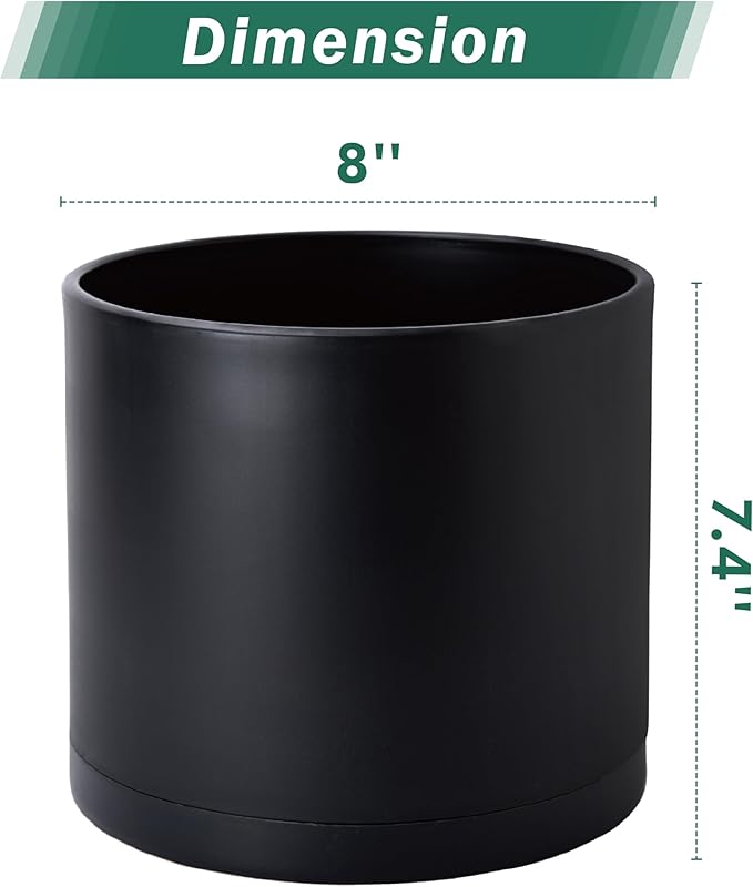 D'vine Dev 2 Pack 8 Inch Modern Plastic Plant Pots, Small Garden Planters for Plant with Drainage Holes and Saucers, Black Color, 74-Y-M-1