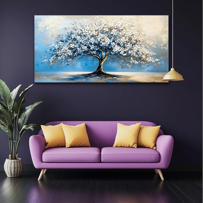 Contemporary Tree of Life Wall Art for Living Room Office Navy Blue White Floral Canvas Painting Prints Nature Artwork over the Couch Bedroom Decor (20x40 Inches)