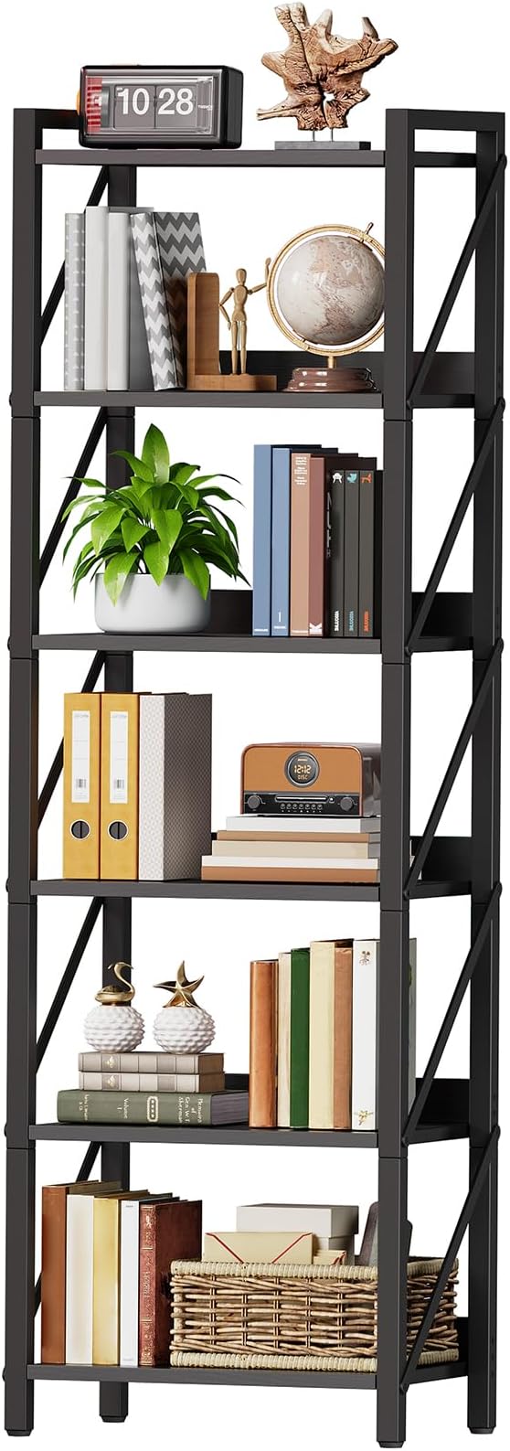 HOOBRO Bookshelf, 6-Tier Industrial Bookcase, Book Shelf Storage Organizer, Tall Bookshelf with Metal Frame for Living Room, Bedroom, Home Office, Kitchen, Black BB72SJ01