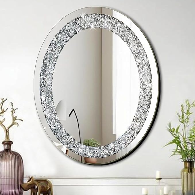 DMDFIRST Crystal Crushed Diamond Oval Shaped Glam Bling Silver Mirror for Wall Decoration 16x20x0.9 inch Wall Hang Frameless Sparkly Mirror Glass Stunning Home Diamond Decor