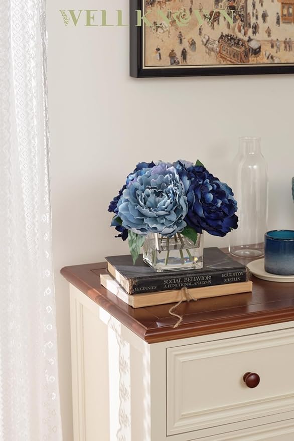Artificial Peonies Flowers Arrangements in Cube Glass Vase, WELLKNOWN Silk Flower Centerpieces for Dining Room Table, Coffee Table Decor, Faux Peony Flowers with Faux Water (Bicolor Blue)