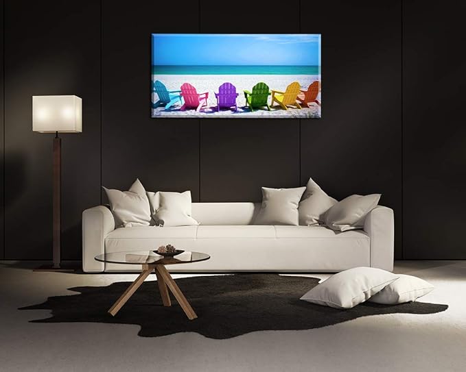 Beach Canvas Wall Art for Living Room, PIY Blue Sea with Colorful Chairs Picture Prints Decor, Relax Leisure Time Home Decorations (Waterproof, Bracket Mounted Ready Hanging, 24x48 Large)