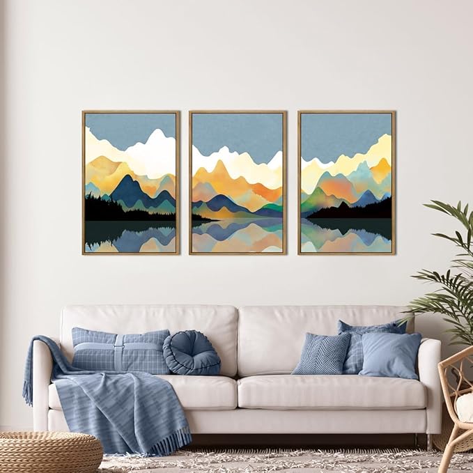 Large Abstract Mountain Lake Framed Canvas Wall Art,Watercolor Boho Forest Wall Decor,Colorful Ridge Landscape Artwork,Modern Wilderness Art Print for Living Room,Bedroom,Office-24 x36 x3