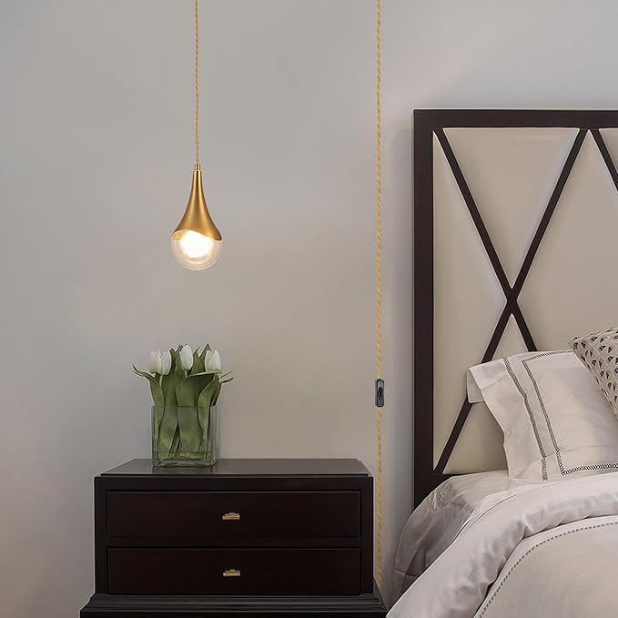MWZ Gold Plug in Pendant Light,Hanging Lights with Plug in Cord On/Off Switch, Mini Brass Pendant Lights for Kitchen Island,Modern Raindrop Lamps Fixture with Globe Glass Shade for Bedroom