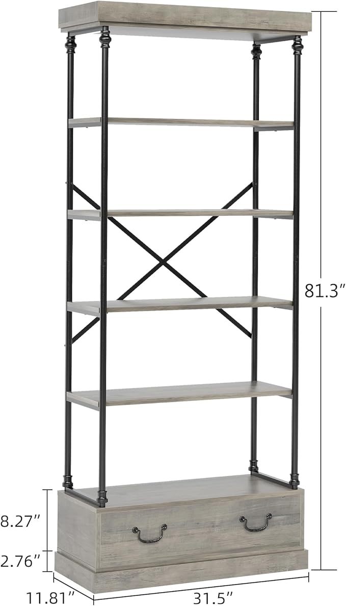 GarveeHome 81.3" Bookshelf with Storage Drawer, Tall Bookcase w/Metal Frame, 5 Tier Vintage Bookshelf Industry Display Storage Shelf for Office Living Room Library Bedroom