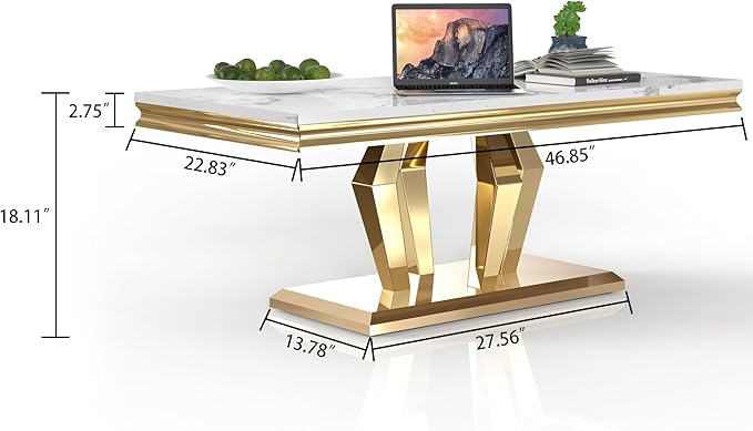 SSLine Rectangular Faux Marble Coffee Table for Living Room Modern Luxury White Marble Center Table with Gold Diamond Base 46.8" Mid-Century Cocktail Table with Mirrored Stainless Steel Frame