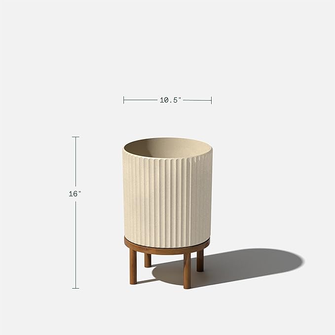 Veradek Demi Series Round Planter w/Stand for Porch/Patio | Durable Plastic-Stone Composite & Wooden Stand | Modern Décor for Tall Plants, Flowers