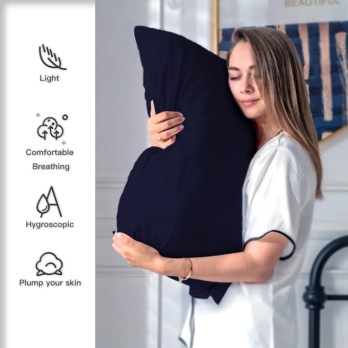 Natural Mulberry Silk Pillowcase for Hair and Skin Queen Size 20"X30" Silk Pillow Case with Hidden Zipper Soft Breathable Smooth Cooling Silk Pillow Covers for Sleeping(Navy Blue,Queen,1Pcs)
