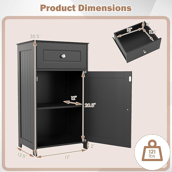 Tangkula Small Bathroom Cabinet for Small Spaces, Free-Standing Single Door Storage with Adjustable Shelf, Anti-Tipping Device, Smooth Drawer, Floor Cabinet for Bathroom & Living Room (Black)