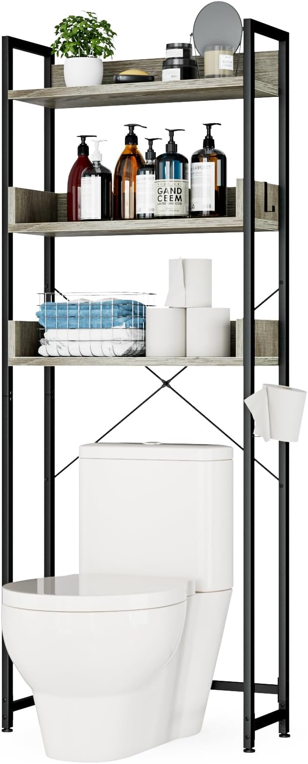OTK Over-The-Toilet Storage, 3 Tier Bathroom Organizer Shelf, Freestanding Space Saver with Toilet Paper Holder, Multifunctional Over The Toilet Rack, White Oak