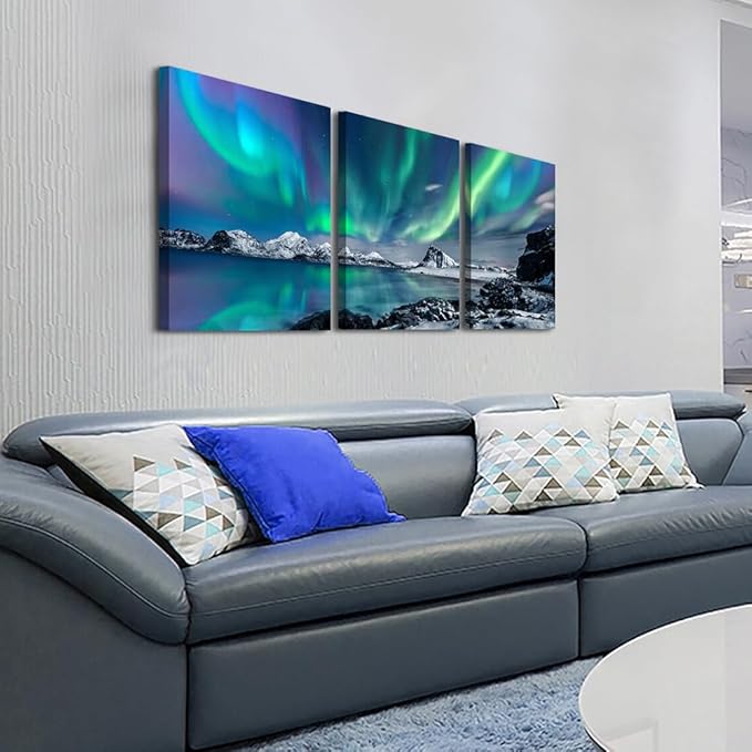 DZRWUBHS Canvas Wall Decorations For Living Room 3 Piece Stretched and Framed Canvas Paintings Office Wall Decor For Bedroom Bathroom Aurora Scenery Pictures Home Decor Print Artwork Ready To Hang